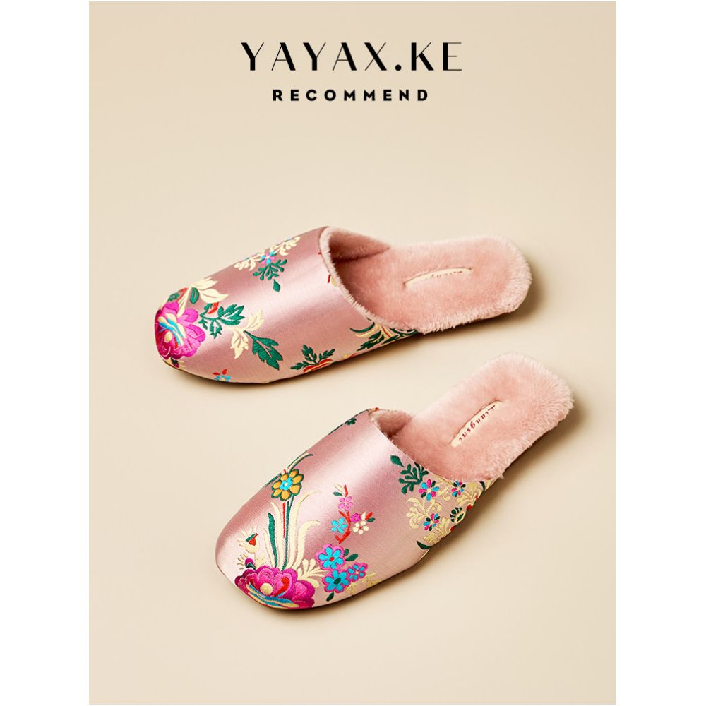 Women s embroidered silk cotton slippers for autumn and winter home indoor style Chinese ethnic style non slip plush warm slippers image 1