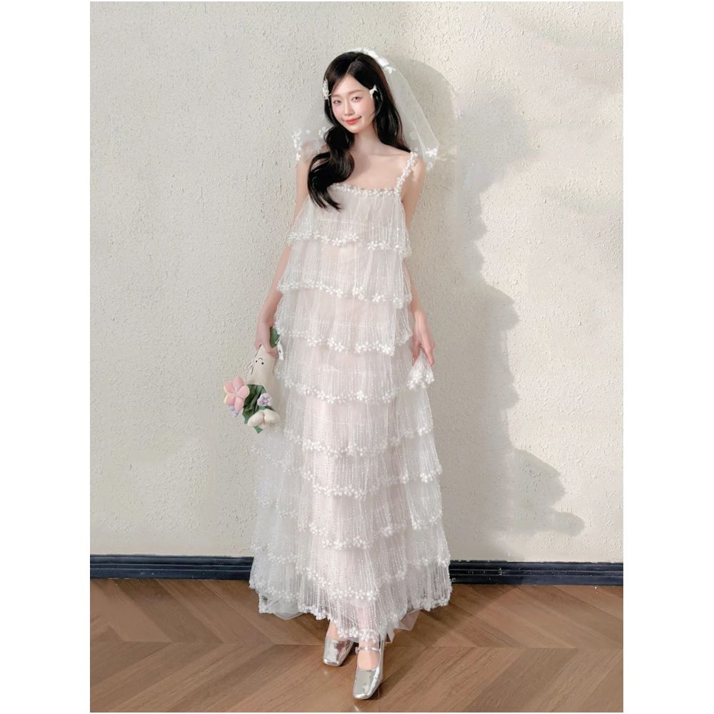 2026 Super Fairy Tale Lace Up Sequined Bridal Cake Birthday Dress Unique Elegance Marriage Certificate Gown White Morning Robe Resort Dress image 0
