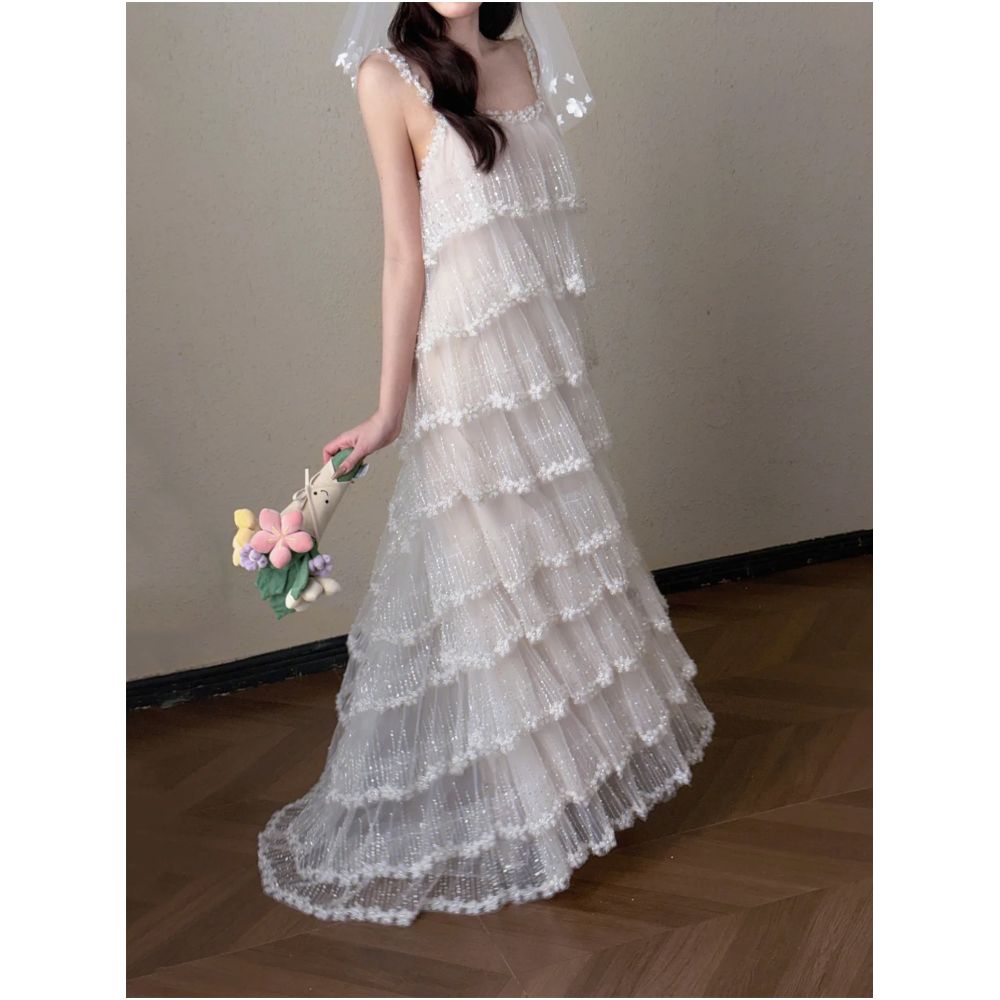 2026 Super Fairy Tale Lace Up Sequined Bridal Cake Birthday Dress Unique Elegance Marriage Certificate Gown White Morning Robe Resort Dress image 1