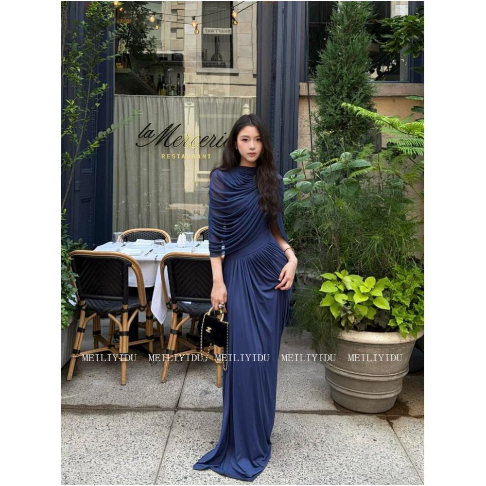 ASAYA7898 – Midnight Blue Draped Elegance Dress 💙✨