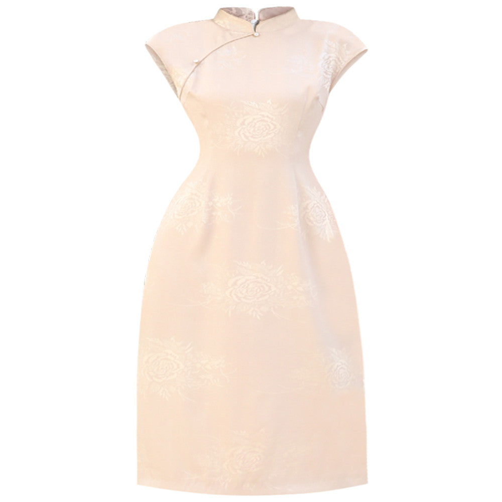 Summer Edition Apricot Jacquard Texture Dress with Goddess Style 2704 Queen s Temperament Retro Improved Cheongsam Skirt image 13