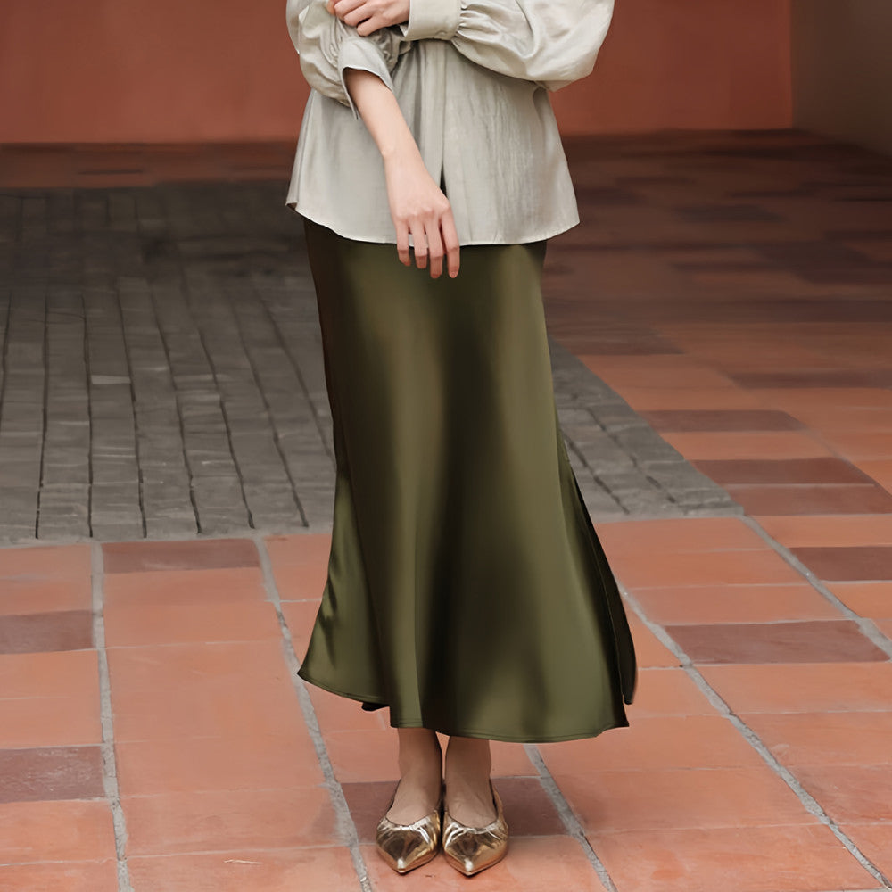 ASAYA4648 – Olive Elegance Satin Skirt 🌿