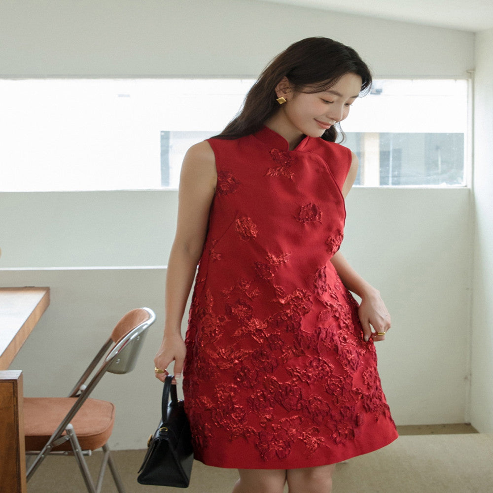 Customized Rose Jacquard 3D Relief Cheongsam Skirt New Chinese Style Original Red Dress 2881 image 3