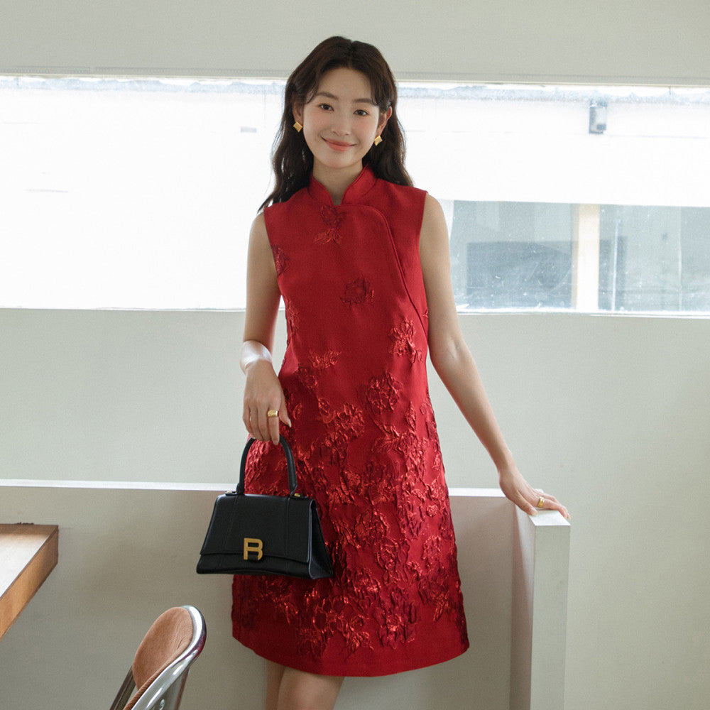Customized Rose Jacquard 3D Relief Cheongsam Skirt New Chinese Style Original Red Dress 2881 image 22