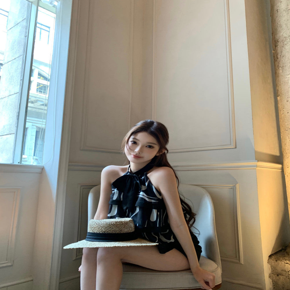 CHICYOU Black Bow Cake Chiffon Summer Sleeveless Hanging Neck Off Shoulder Little Fragrance Girl Retro Top image 1