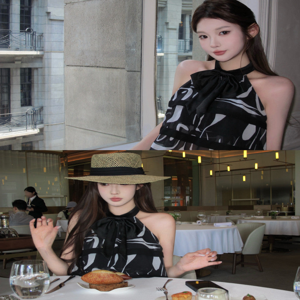 CHICYOU Black Bow Cake Chiffon Summer Sleeveless Hanging Neck Off Shoulder Little Fragrance Girl Retro Top image 2