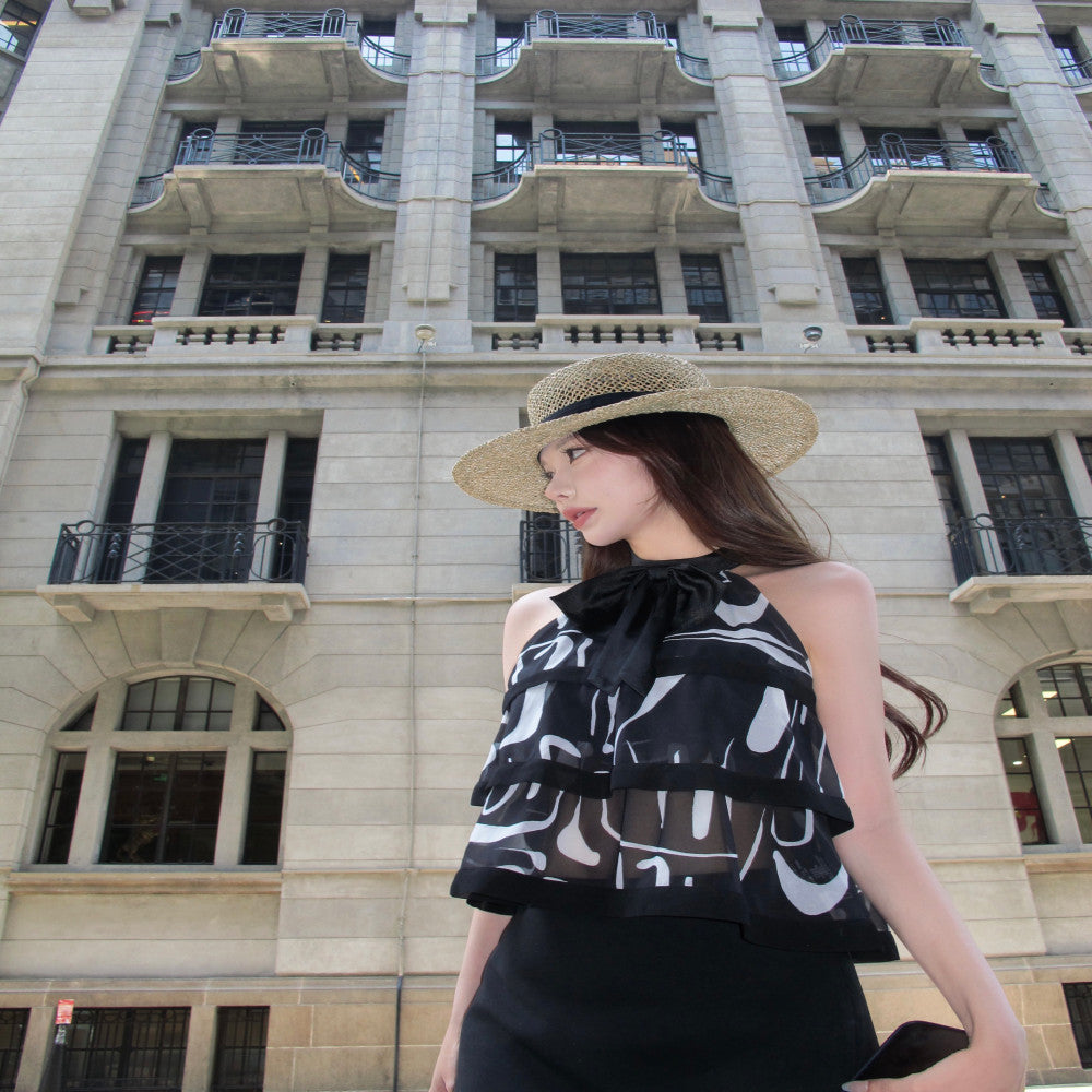 CHICYOU Black Bow Cake Chiffon Summer Sleeveless Hanging Neck Off Shoulder Little Fragrance Girl Retro Top image 3