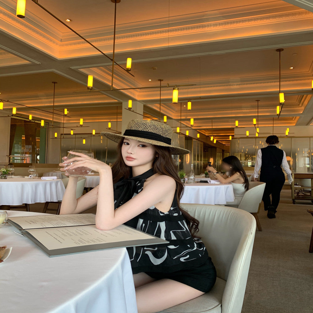 CHICYOU Black Bow Cake Chiffon Summer Sleeveless Hanging Neck Off Shoulder Little Fragrance Girl Retro Top image 4