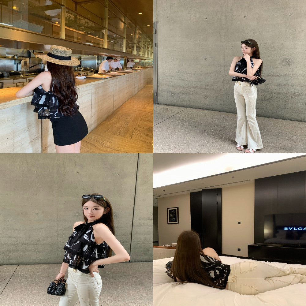 CHICYOU Black Bow Cake Chiffon Summer Sleeveless Hanging Neck Off Shoulder Little Fragrance Girl Retro Top image 5