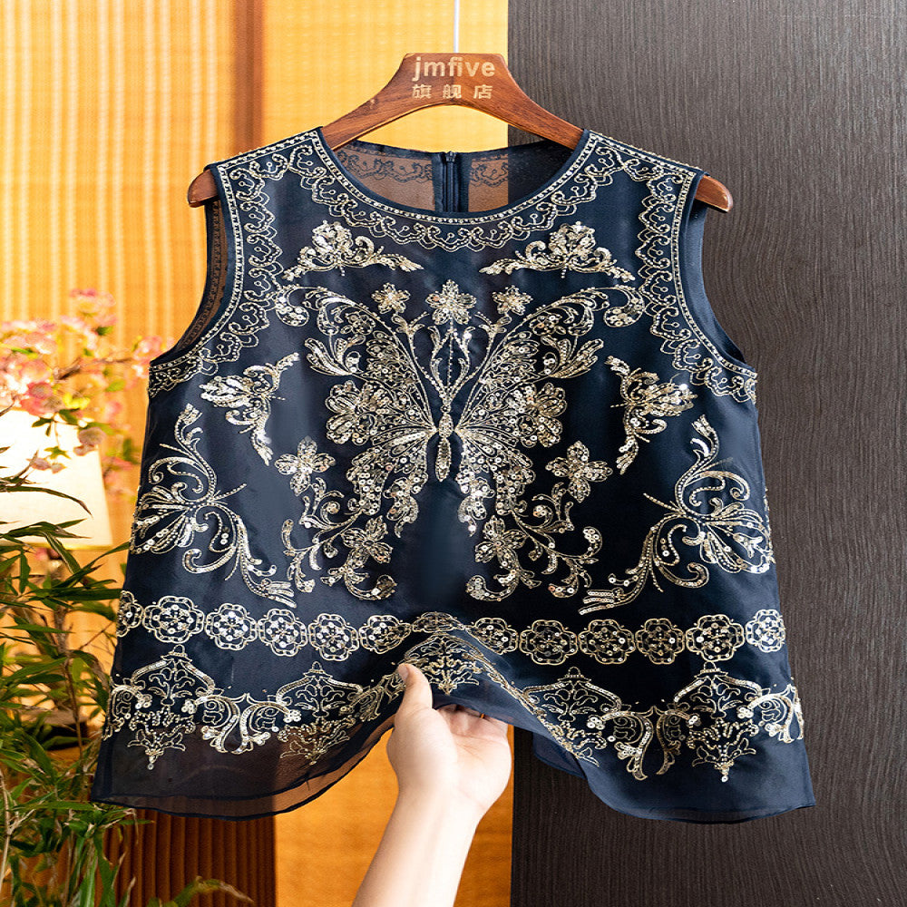New Chinese style mulberry silk heavy industry sequined butterfly vest 2025 summer new product silk western style fashion shoulder image 4