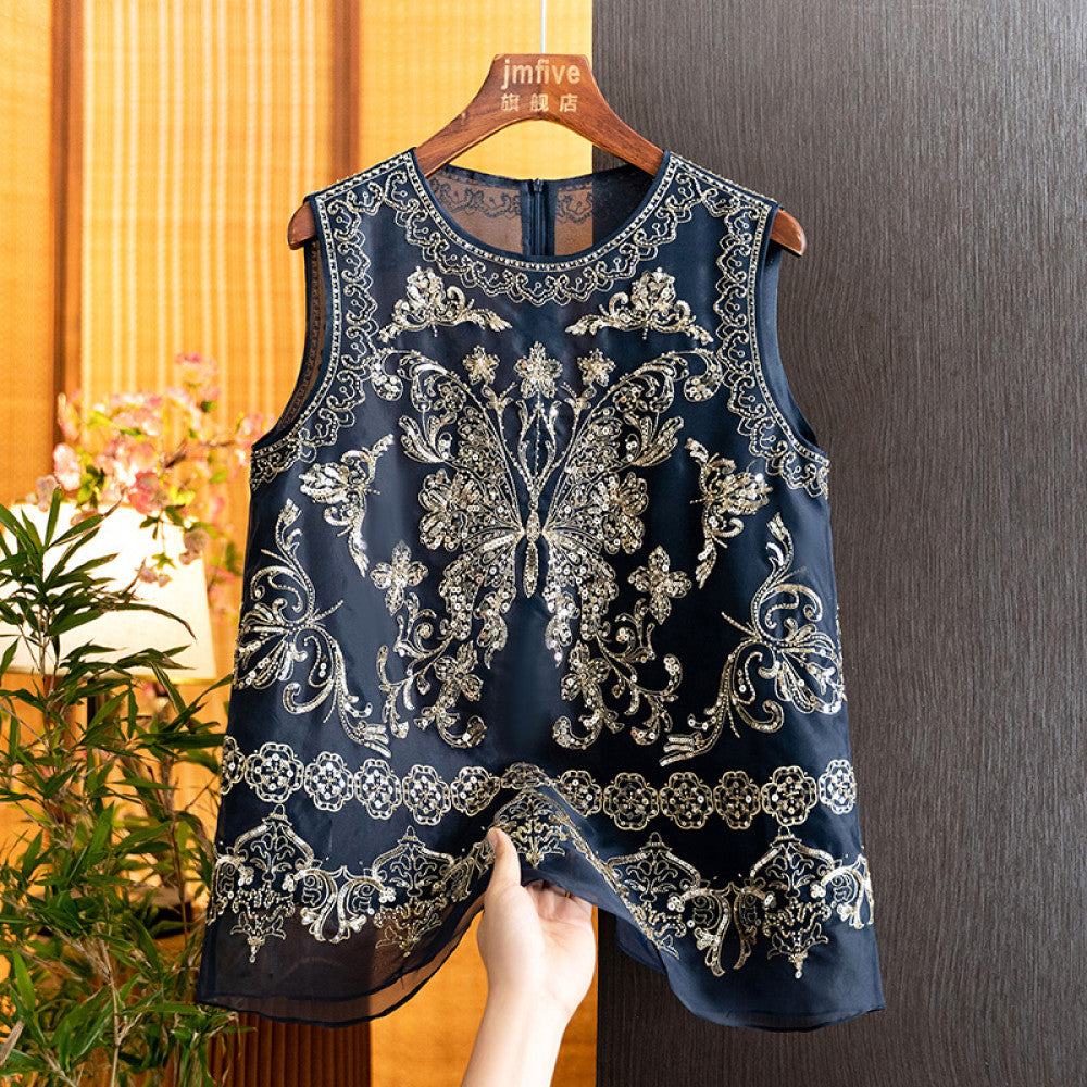 New Chinese style mulberry silk heavy industry sequined butterfly vest 2025 summer new product silk western style fashion shoulder image 26
