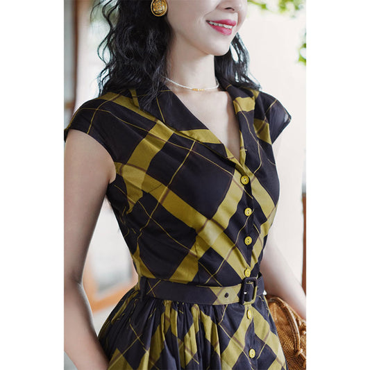 ASAYA4629 – Retro Elegance Plaid Dress 💛🖤