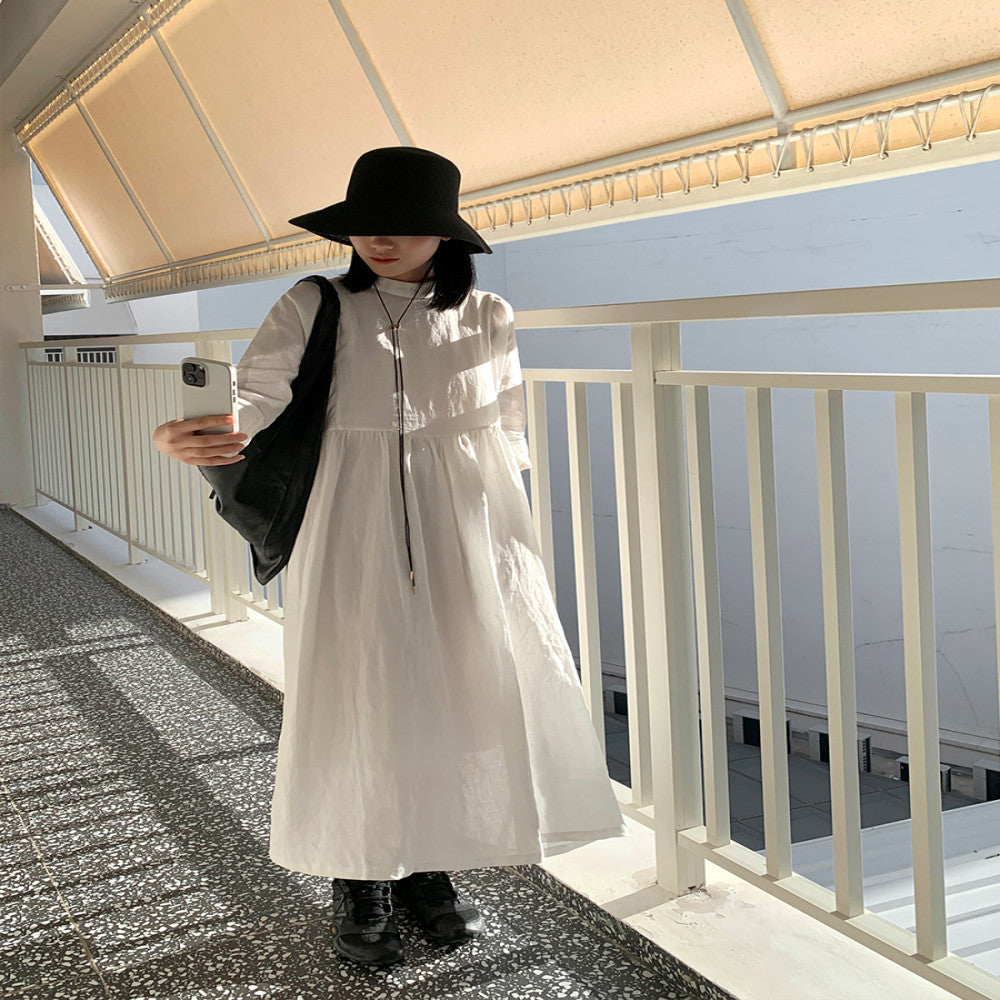 MUALLYCHEN Lighthearted Artistic Stand Collar Large Skirt Dress Linen Fresh Minimalist Long Sleeve White Dress image 1