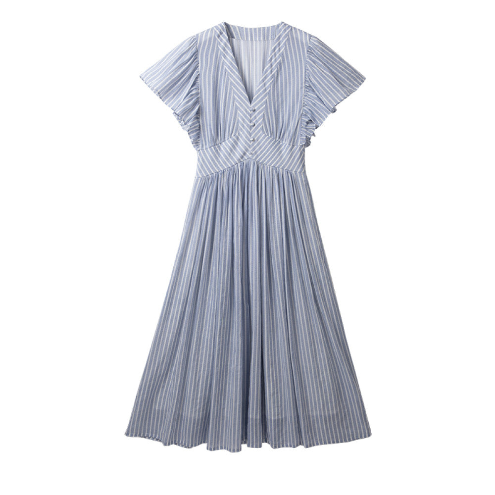 Jiaqi Customized Imported Ramie Digital Direct Spray Southern France high end cut slimming temperament V neck big swing dress image 7