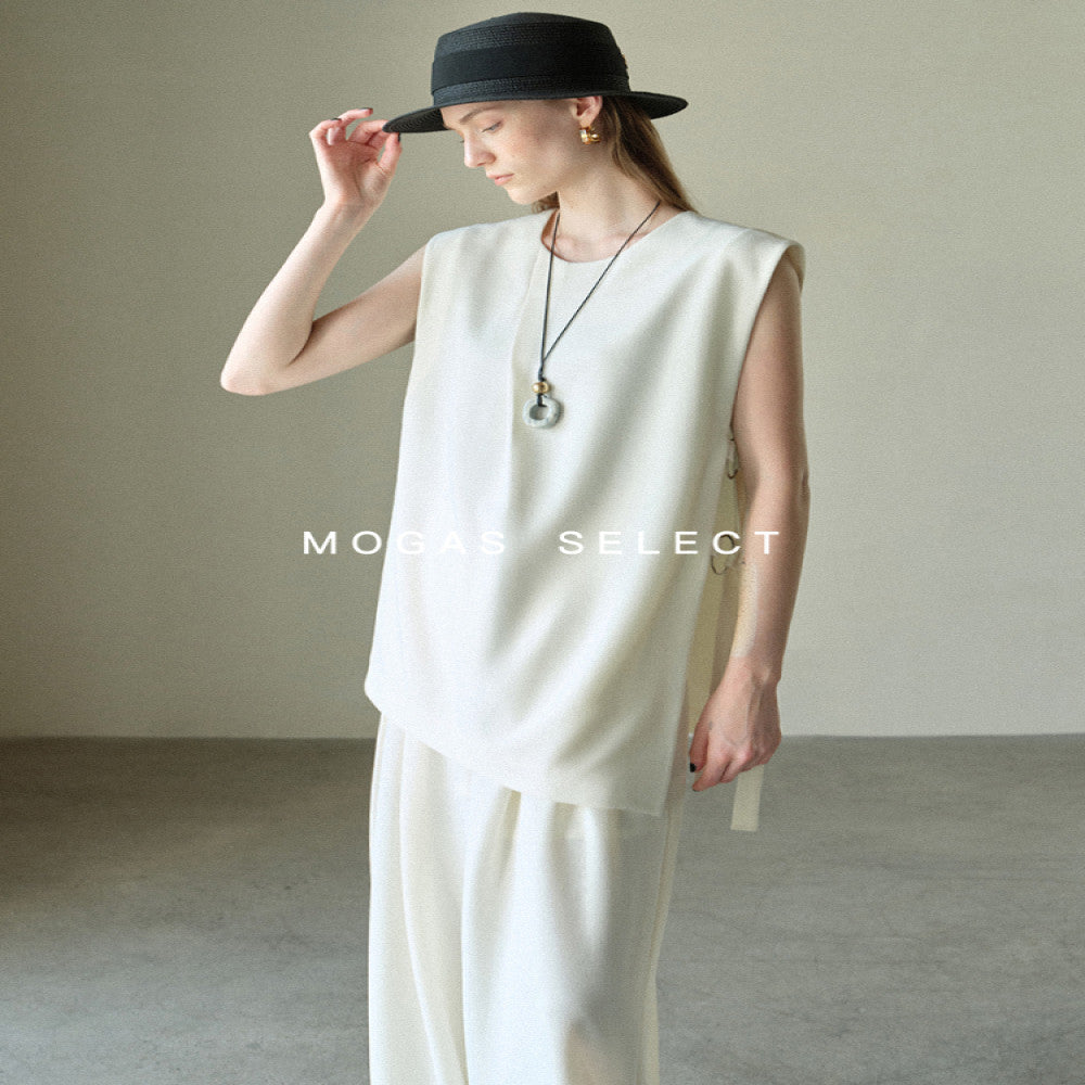 Mogas slimming paper figure heavyweight messy side hollow lace sleeveless vest wide leg pants for women Summer gift belt image 2