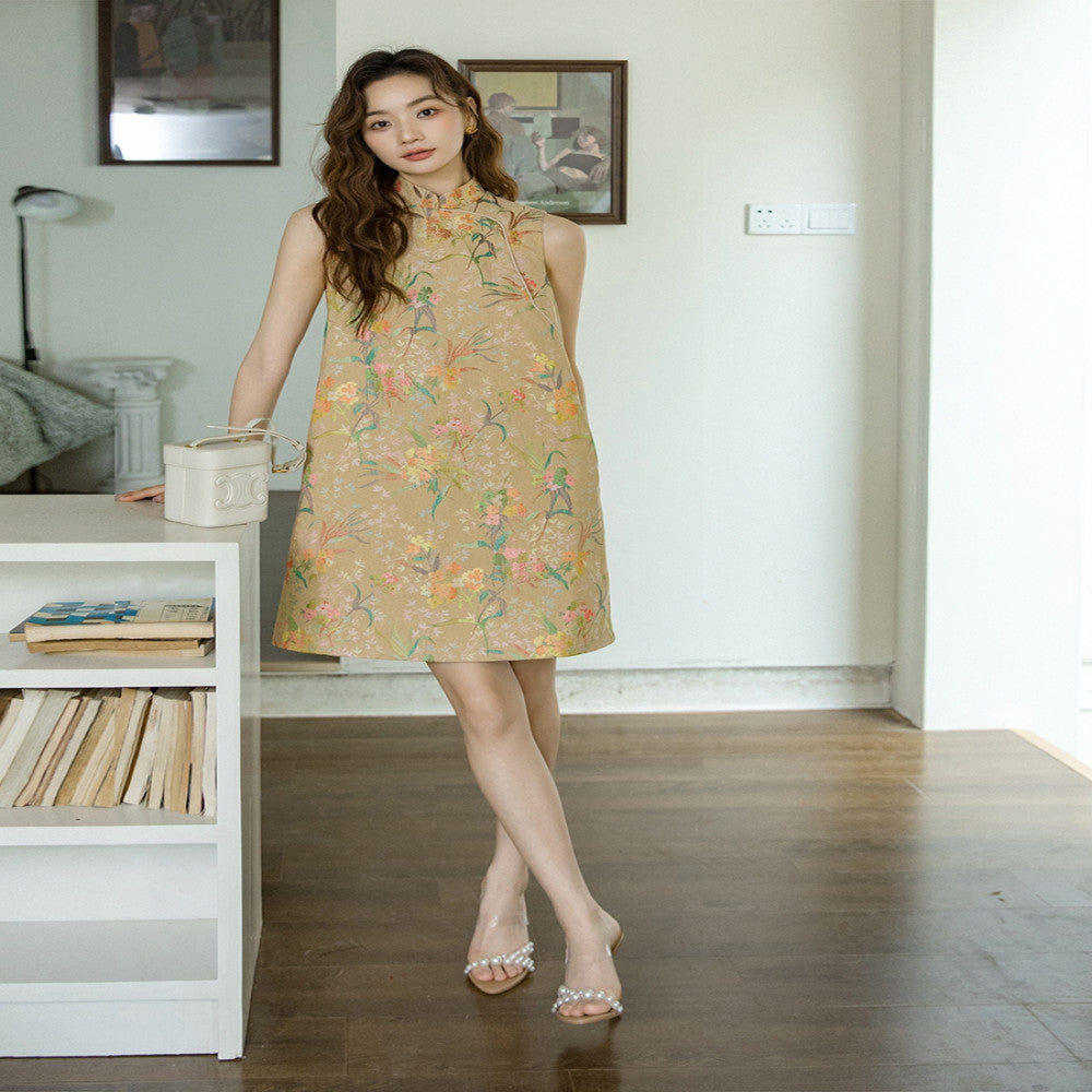 Sleeveless short style retro daily jacquard Hong Kong style qipao 2865 Chinese style heavy industry socialite light luxury dress image 0