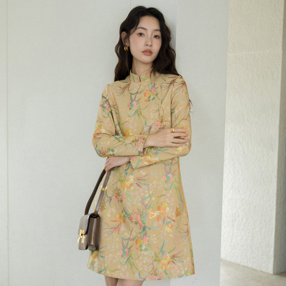 ASAYA4651 – Golden Bloom Jacquard Dress 🌸✨