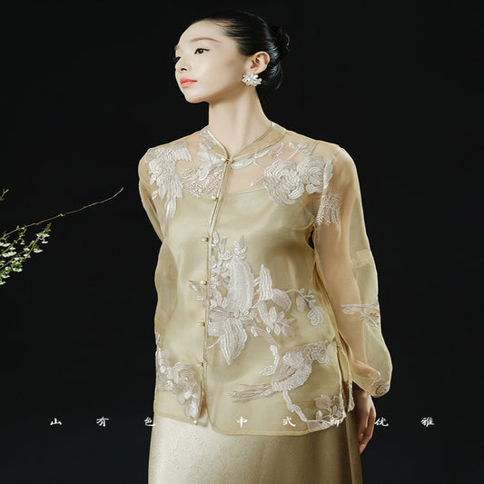 ASAYA4526 – Golden Sheer Embroidered Silk Top & Satin Slip Dress 🌸✨
