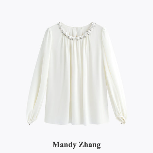 ASAYA4492 – Pearl-Embellished Balloon Sleeve Blouse 🤍✨