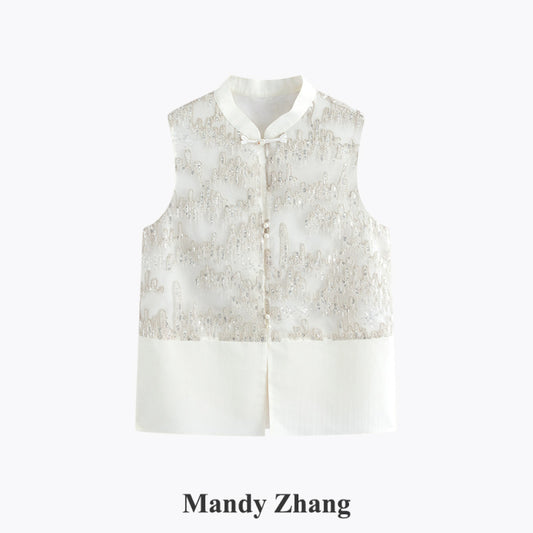 ASAYA4482 - Embellished Mandarin Collar Sleeveless Top ✨🌿