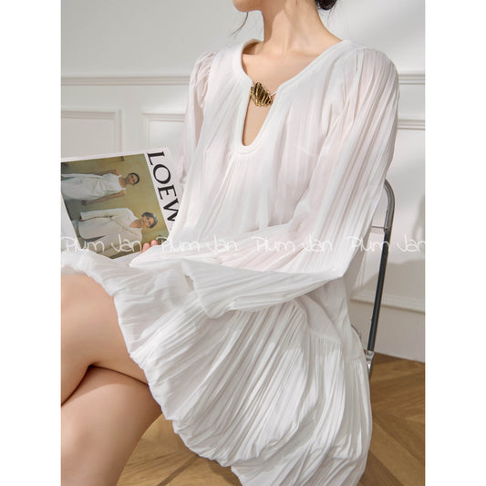 Soft Pleated Balloon Sleeve Mini Dress 🤍🌬️