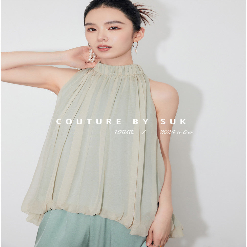 SUK light yarn sways Mulberry silk small stand up collar design hanging neck sleeveless vest top wide leg pants set image 2