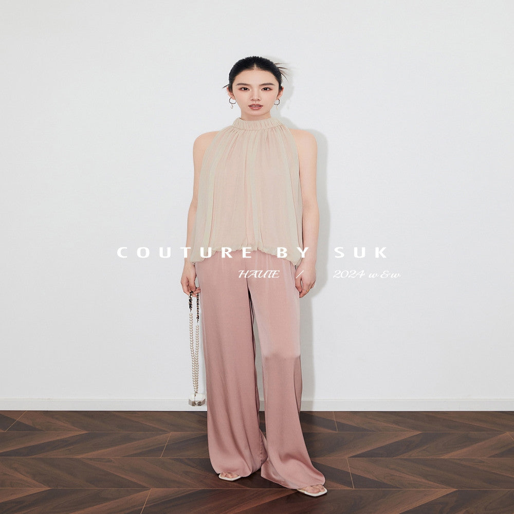 SUK light yarn sways Mulberry silk small stand up collar design hanging neck sleeveless vest top wide leg pants set image 4