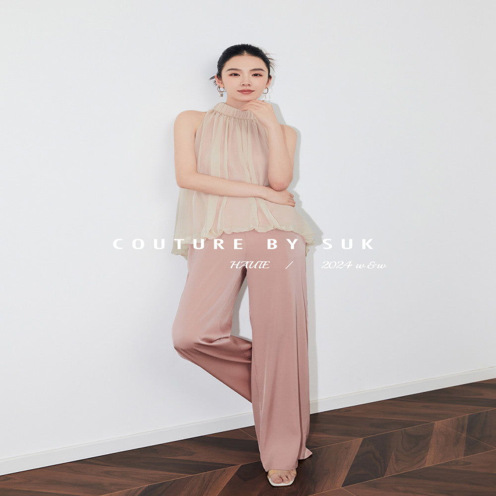 SUK light yarn sways Mulberry silk small stand up collar design hanging neck sleeveless vest top wide leg pants set image 5
