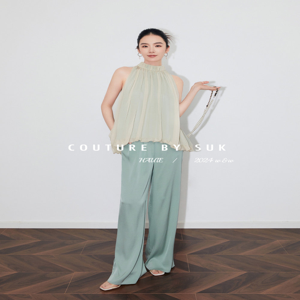 SUK light yarn sways Mulberry silk small stand up collar design hanging neck sleeveless vest top wide leg pants set image 0