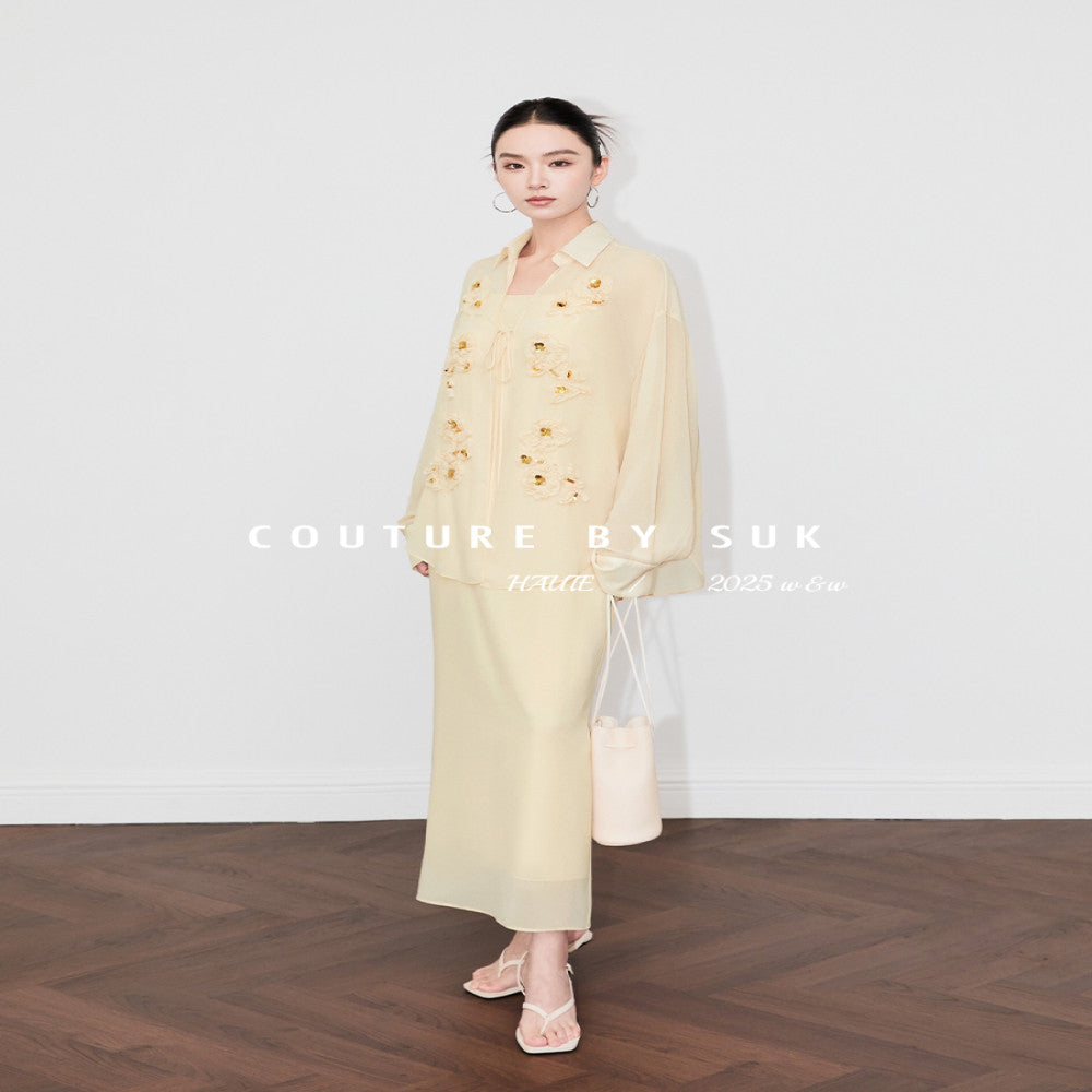 SUK Capital Smoke and Clouds French style three dimensional floral long sleeved shirt with suspender and dress inside white fashionable suit for women image 15