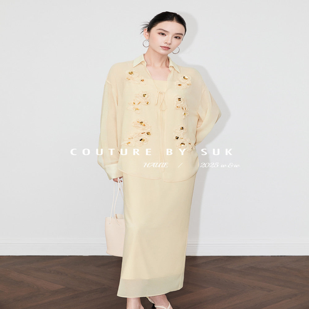 SUK Capital Smoke and Clouds French style three dimensional floral long sleeved shirt with suspender and dress inside white fashionable suit for women image 16