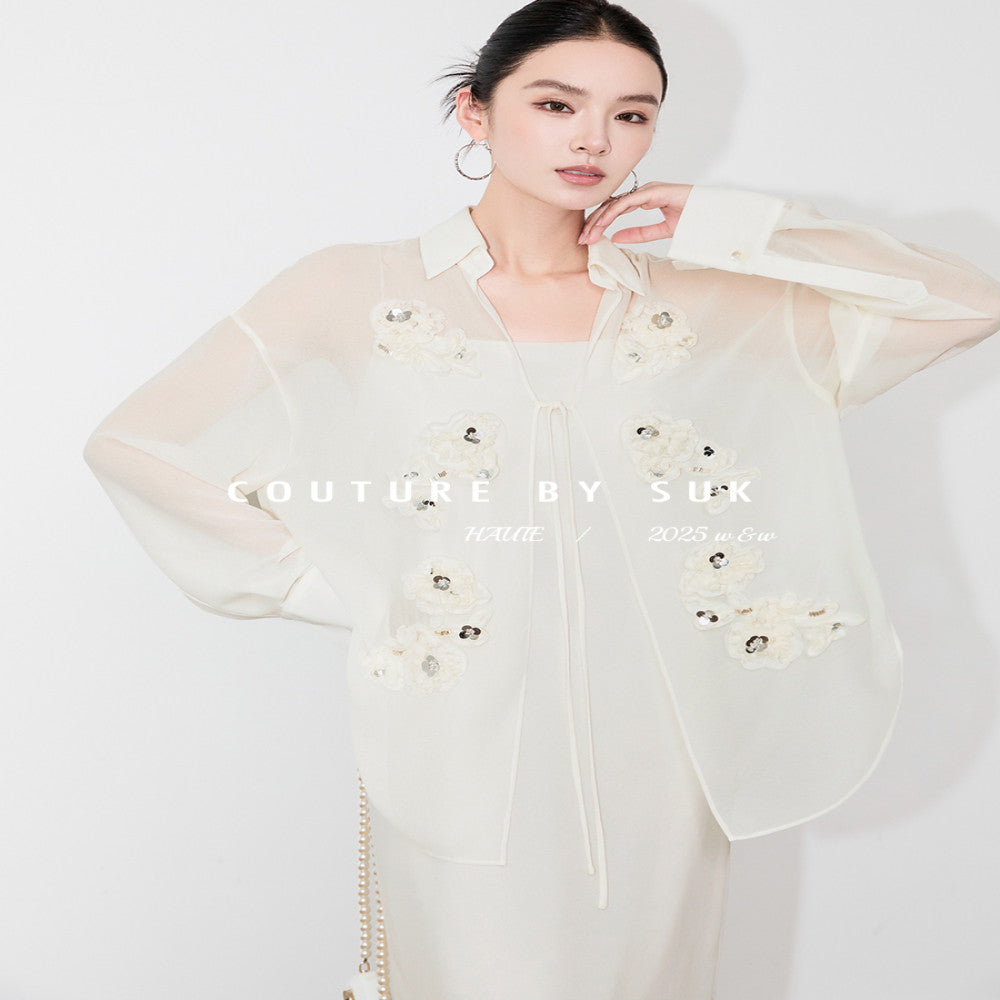 SUK Capital Smoke and Clouds French style three dimensional floral long sleeved shirt with suspender and dress inside white fashionable suit for women image 18