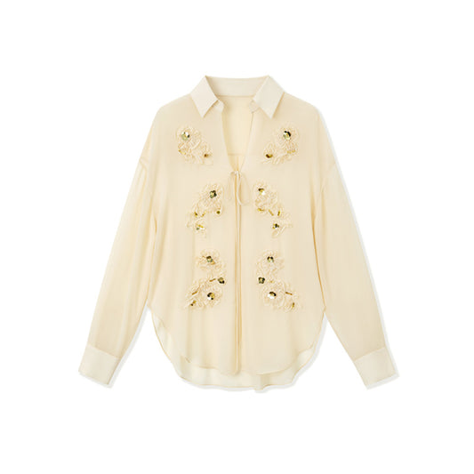 ASAYA4459 - Floral Embellished Tie Blouse & Sheer Maxi Skirt Set 🌼✨