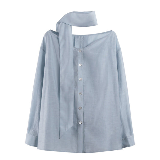 ASAYA4447 - Wave V-neck Tie-Back Long Sleeve Shirt 🌊👔