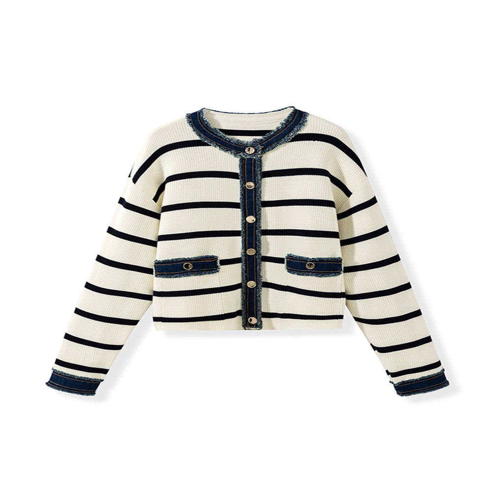 In stock Counter style same source Denim splicing Chanel style round neck boxy slim striped knitted open sweater jacket for women image 9