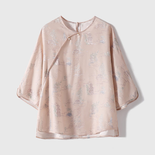 ASAYA4385 - Beige blouse with floral pattern on a light gray background