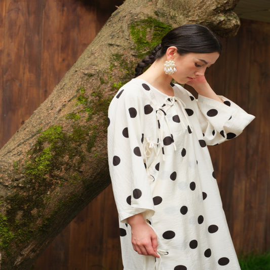 ASAYA4383 - Cheongsam style dress white with black polka dots