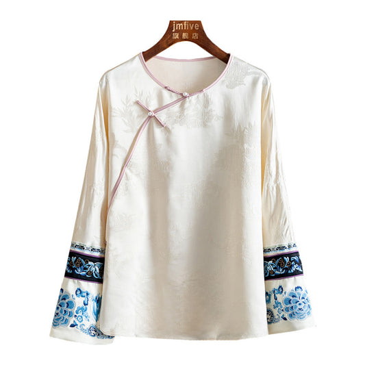 ASAYA4376 – Oblique-Collar Embroidered Silk Top 🐚🌿✨