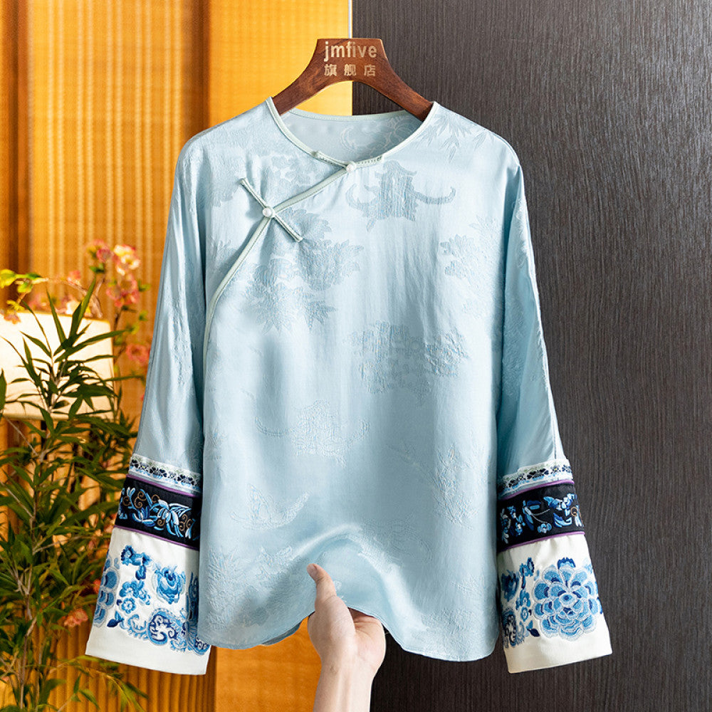 ASAYA4376 – Oblique-Collar Embroidered Silk Top 🐚🌿✨