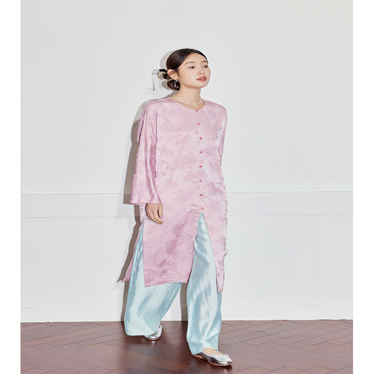 ASAYA4353 - Sweet pink long-sleeved shirt with front buttons and a set of blue satin pants.