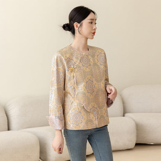 ASAYA4348 - Gold Oblique-Collar Jacquard Silk Tang Top 🌼🐝