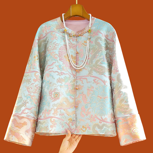 ASAYA4346 - Pastel Brocade Tang Coat with Dragon Pattern 🐉🩵🌸