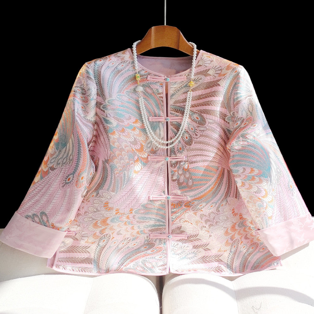 Pink retro jacquard woven satin Chinese style short jacket for women s autumn and winter new style temperament round neck new Chinese style button top image 1
