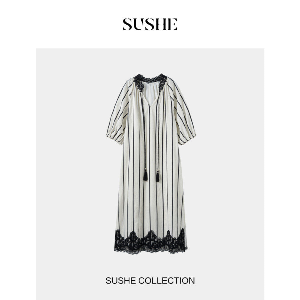 Shuxi SUSHE Xie Ying Vertical Stripe Texture Jacquard Contrasting Color Crochet Lace Collar Strap Tassel Shirt Dress image 17