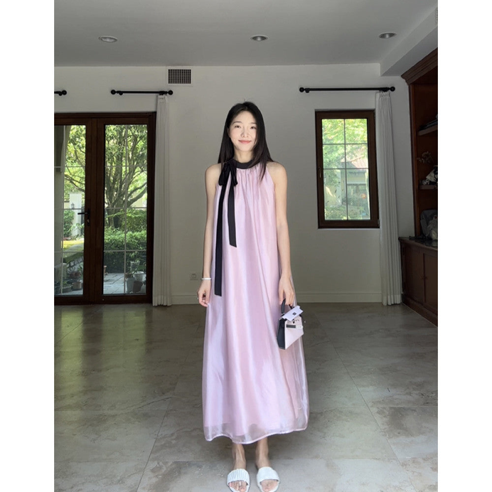 Guo Jiujiu s gentle style high end satin powder pearl yarn lace up vest camisole skirt summer long skirt image 4