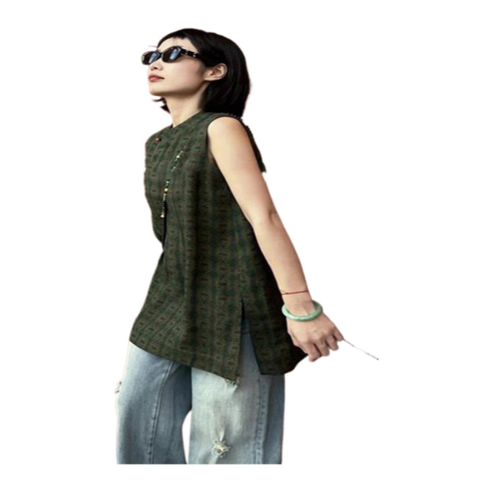 2025 new super beautiful western style unique and chic top women s summer new Chinese green slit plate buckle sleeveless vest image 5