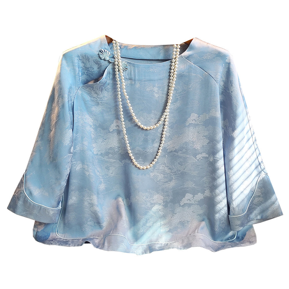 Fashionable new Chinese style improved round neck shirt with women s design sense seven quarter sleeve improved retro buckle casual versatile top image 5