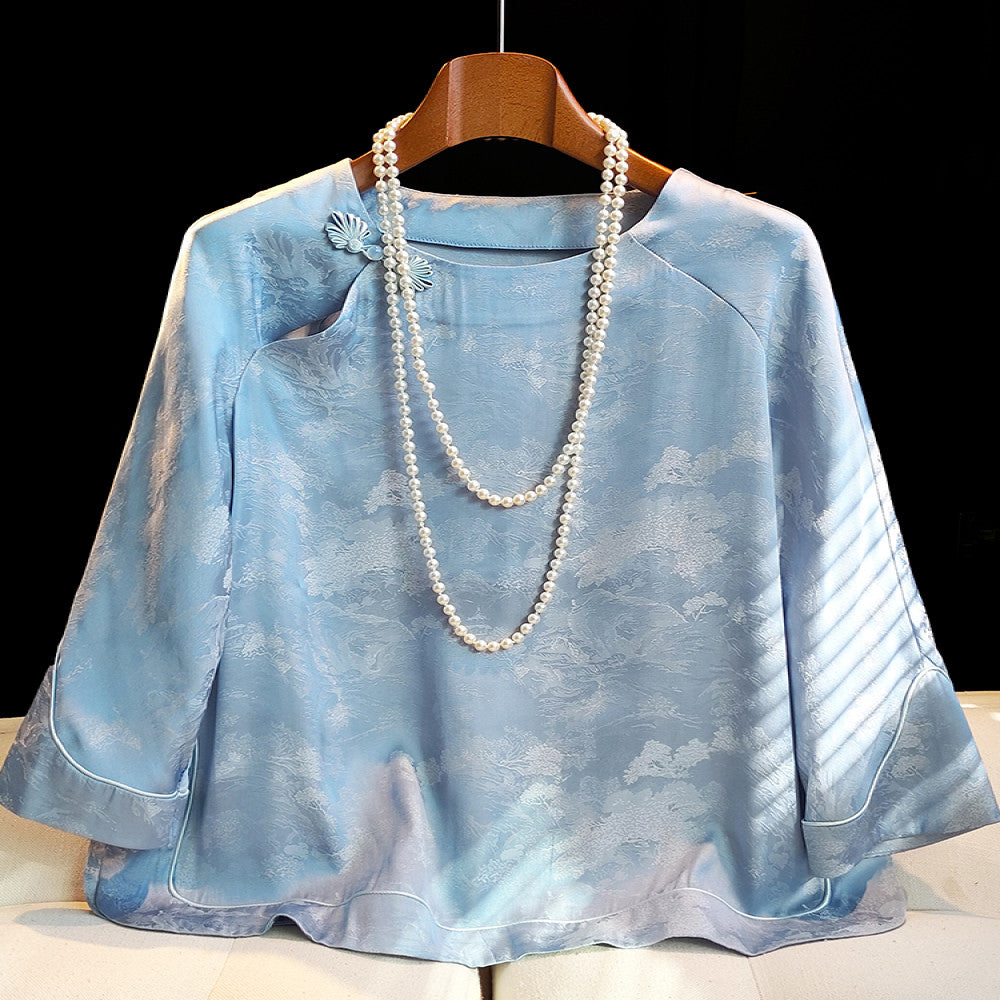 Fashionable new Chinese style improved round neck shirt with women s design sense seven quarter sleeve improved retro buckle casual versatile top image 0
