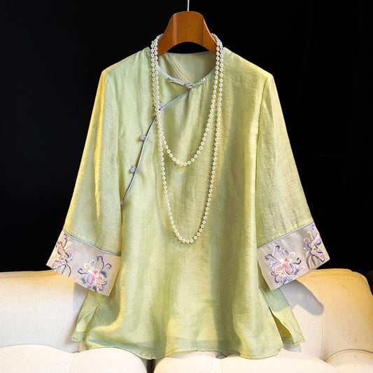 ASAYA4314 - Traditional light green cheongsam style blouse with floral embroidery on the sleeves.