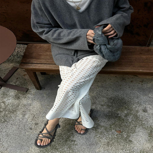ASAYA4305 - White Hollow Wide-Leg Pants 🤍✨